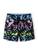 Boys board shorts in black with colorful leaf print, front view, featuring an adjustable waistband and side pockets.