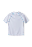 Boys short sleeve rash top in white with blue stitching, back view.