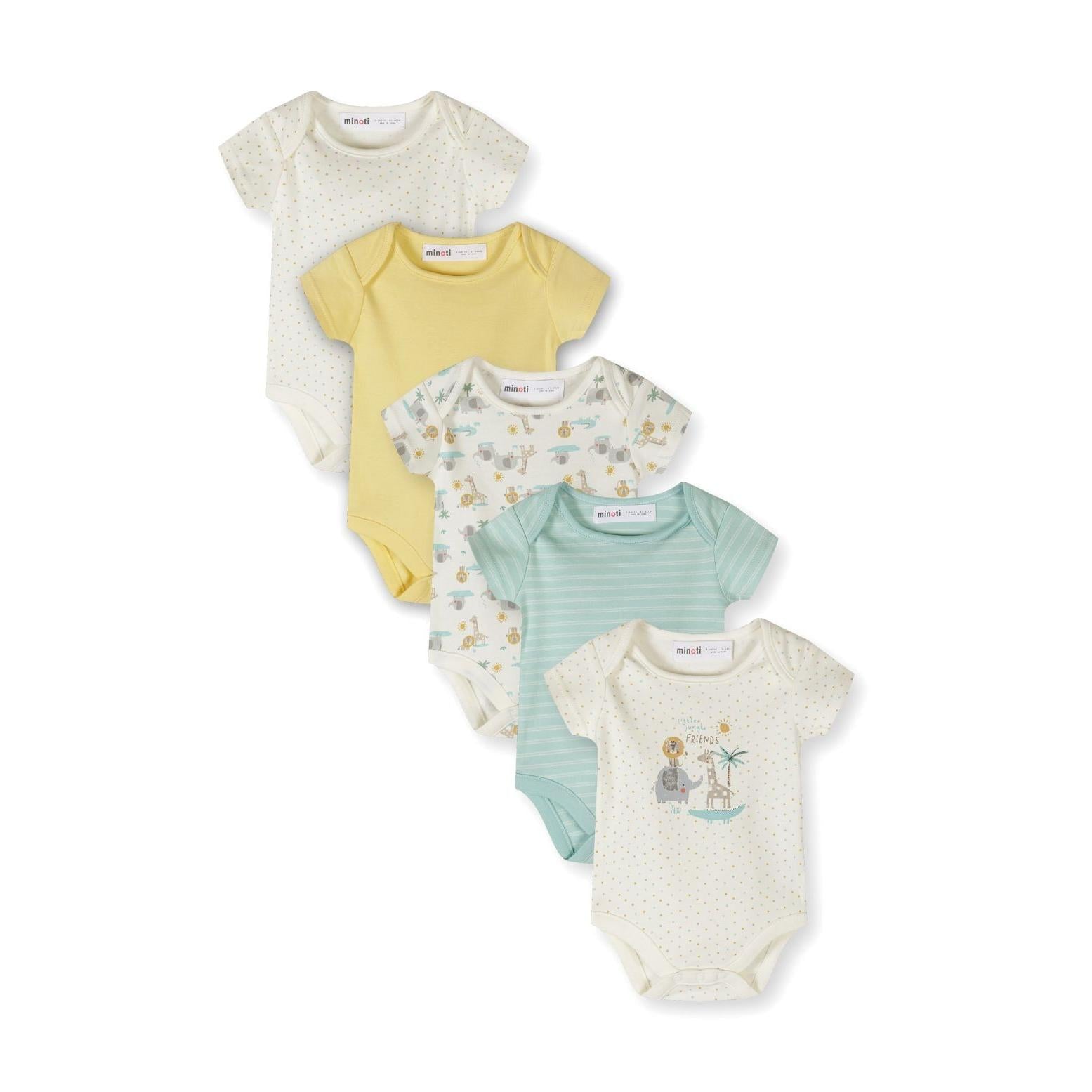 Five short sleeve baby bodysuits arranged in a fan layout on white background, showing cream safari print, yellow solid, white with safari animals, mint striped, and cream with jungle friends print