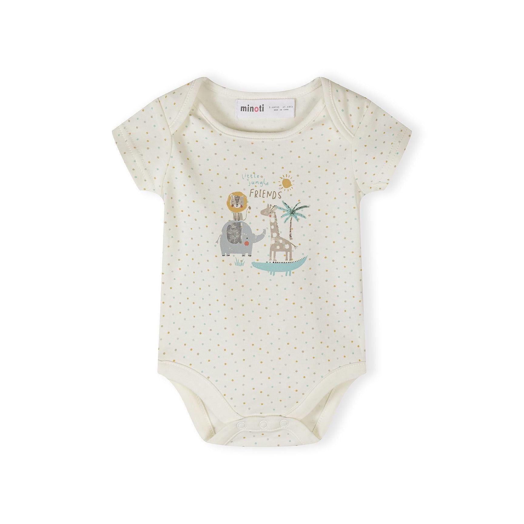 Single yellow short sleeve baby bodysuit laid flat on white background, showing Minoti label and plain design with envelope neckline