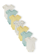 Set of short sleeve baby bodysuits in cream, yellow, blue, and safari animal print with soft cotton design.