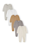Set of five long sleeve baby sleepsuits in neutral tones featuring a simple, comfortable design for infants.