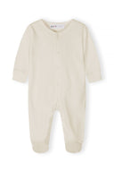 Cream-colored unisex baby sleepsuit with long sleeves and footed design, featuring a simple and soft fabric finish.