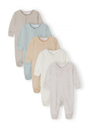 Set of five soft neutral-toned long sleeve baby sleepsuits designed for comfort and style from newborn to 24 months.