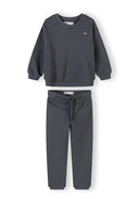 Dark gray boys sweatshirt and joggers set with embroidered detail and cotton fabric for comfortable kids wear design.