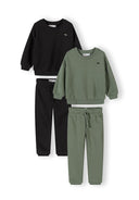 Two boys casual sets featuring sweatshirts and joggers in black and olive with a simple adjustable design