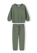 Olive green kids tracksuit set with sweatshirt and adjustable drawstring joggers in soft cotton fabric design