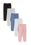 Set of five girls stretch jersey leggings in black, blue, pink, and grey with a comfortable cotton blend design.
