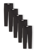 Five pairs of slim fit black leggings for girls with elasticated waistbands, showcasing a simple and versatile design.