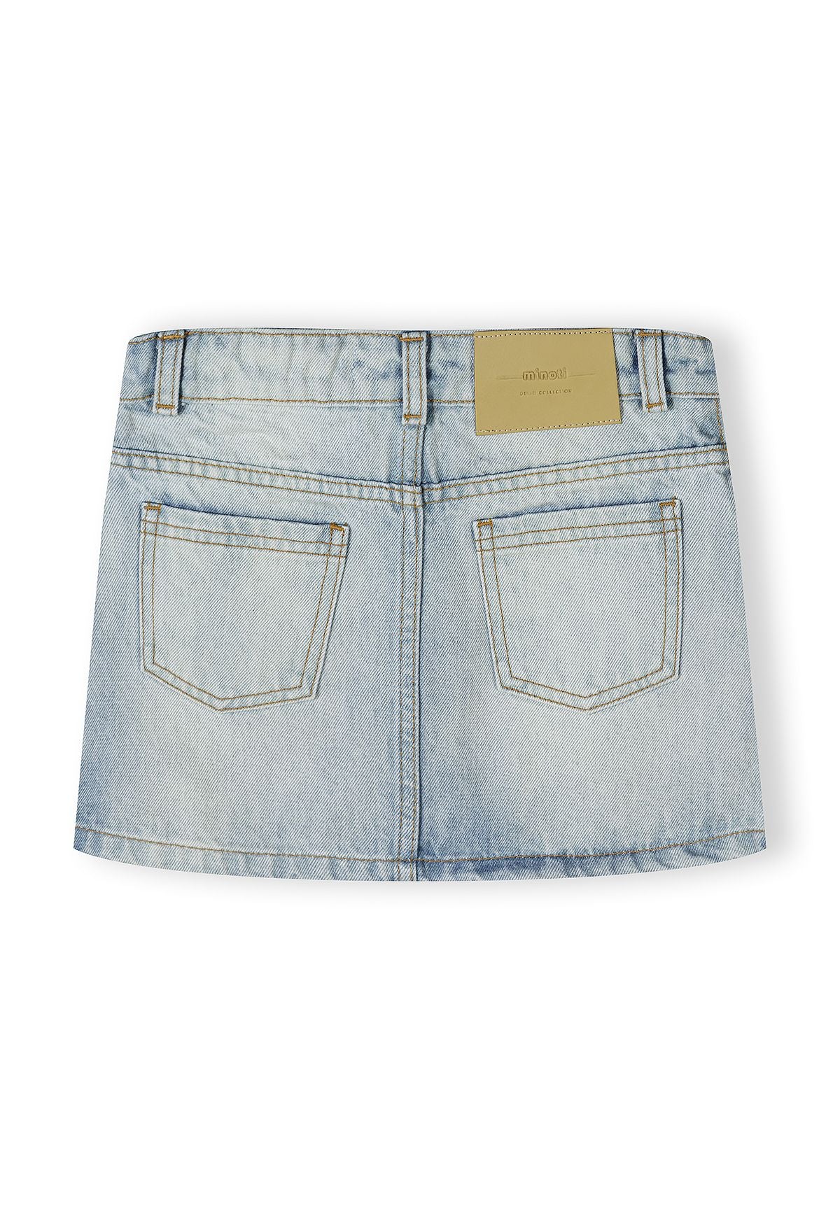 Back view of denim skirt showing rear pockets and tan leather waistband label on white background