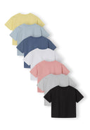 Set of seven multicoloured kids cotton crew neck t-shirts with short sleeves, designed for casual wear.
