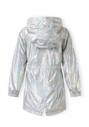 Back view of a shiny silver girls hooded jacket with drawstring waist and flap pockets in kids fashion design