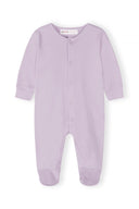 Pastel lilac baby sleepsuit with snap buttons and footed design, comfortable for 0-24 months girls.