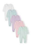 Five baby sleepsuits in pastel colors, front view, featuring snap fastenings.