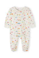 Cream cotton sleepsuit with colorful floral and butterfly design for infants, featuring full-length sleeves and enclosed feet.