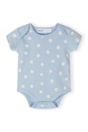 Baby blue short sleeve bodysuit with playful white polka dot design, perfect for infants and toddlers.
