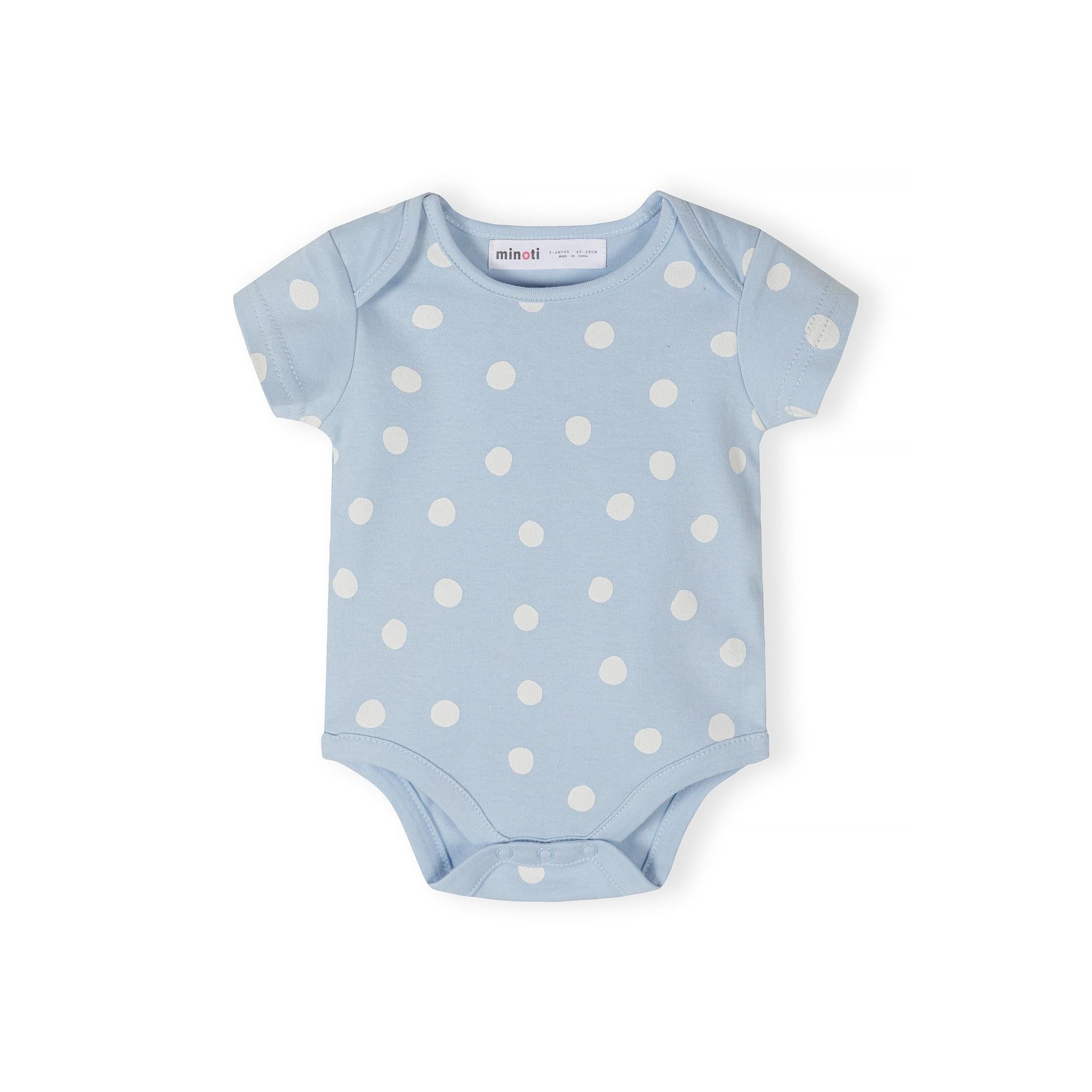 Single mint green short sleeve bodysuit with large pink floral print and orange flower centres displayed flat on white background