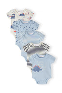 Five-pack of boys' bodysuits in blue and white with dinosaur prints, front view.