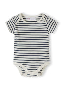 Baby bodysuit with navy and white horizontal stripes featuring a soft cotton design for comfort.