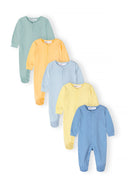 Boys sleepsuit 5-pack in blue, yellow, and green tones, front view, featuring snap fastenings.