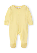 Soft yellow baby sleepsuit with snap buttons and long sleeves in a simple, comfortable design.
