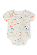 Short sleeve baby bodysuit with colorful floral and butterfly print on a cream background