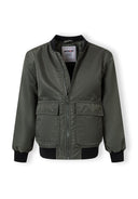 Khaki boys lightweight bomber jacket with front flap pockets and ribbed cuffs in a sleek design.