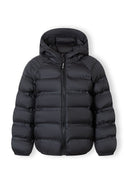 Black lightweight boys hooded jacket with quilted design and front zipper for kids aged 3 to 15 years