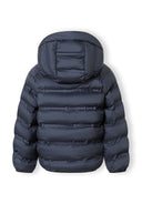 Back view of boys navy blue lightweight hooded jacket with quilted design and cozy polyester filling.