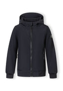 Black softshell jacket for boys with adjustable hood and zippered pockets, featuring a sleek and practical design.