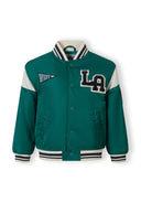 Green varsity-style jacket for boys with striped collar and cuffs and LA patch design on chest