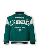 Back view of boys varsity jacket with Los Angeles baseball design in green and white colors