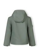Back view of a kids waterproof teal parka with adjustable hood, featuring a sleek and functional design.