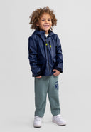 Boys navy blue waterproof parka jacket, front view, with adjustable hood and zippered chest pocket.