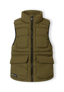 Olive padded nylon waistcoat for boys with stand collar and multiple flap pockets, featuring a practical design