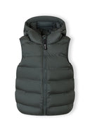 Boys quilted sleeveless waistcoat in muted olive, front view with adjustable hood and full-length zip.