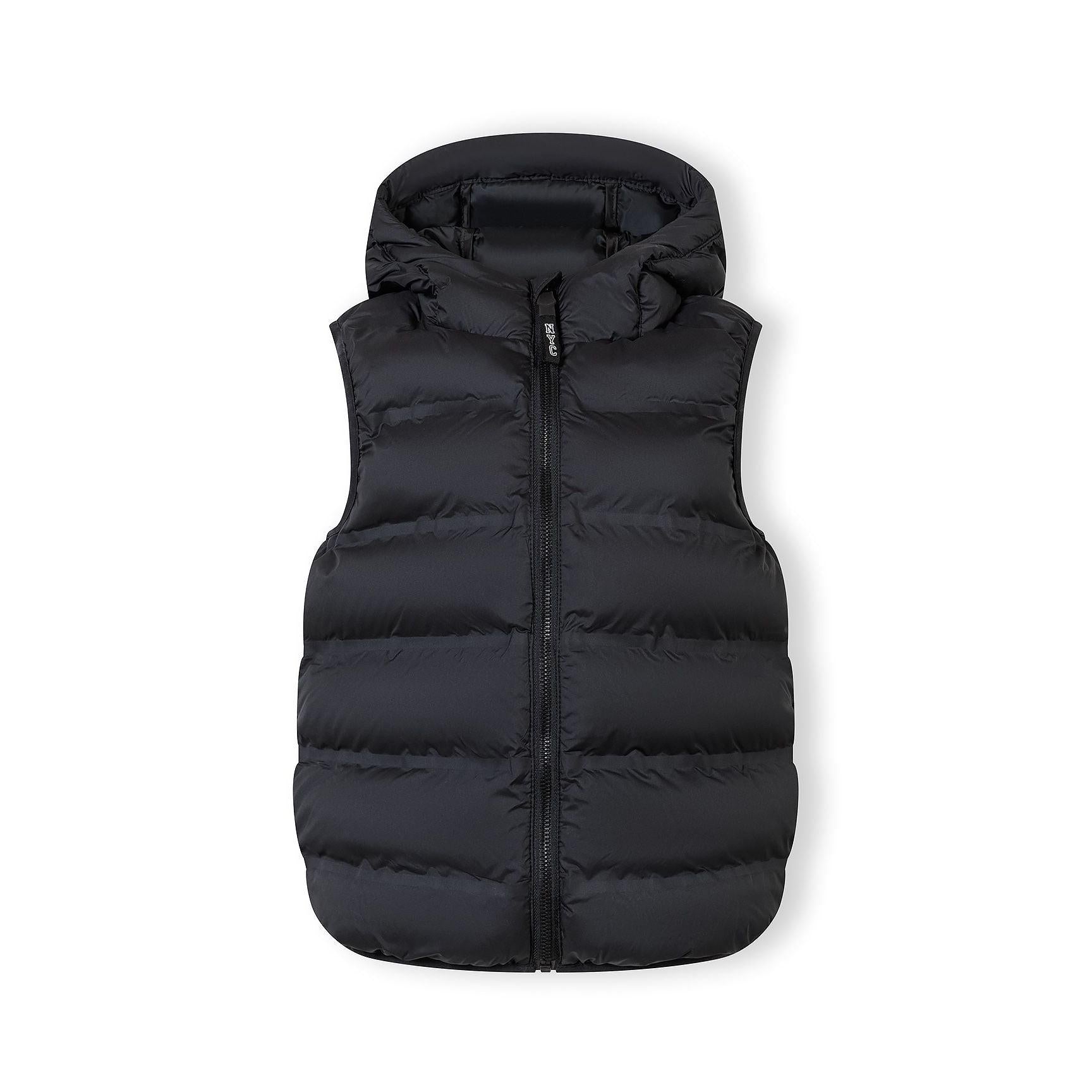 Black quilted waistcoat with hood laid flat showing front zipper and Minoti label, isolated on white background