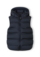 Navy blue lightweight padded gilet with fixed hood and zip pockets, designed for boys aged 3-15 years.