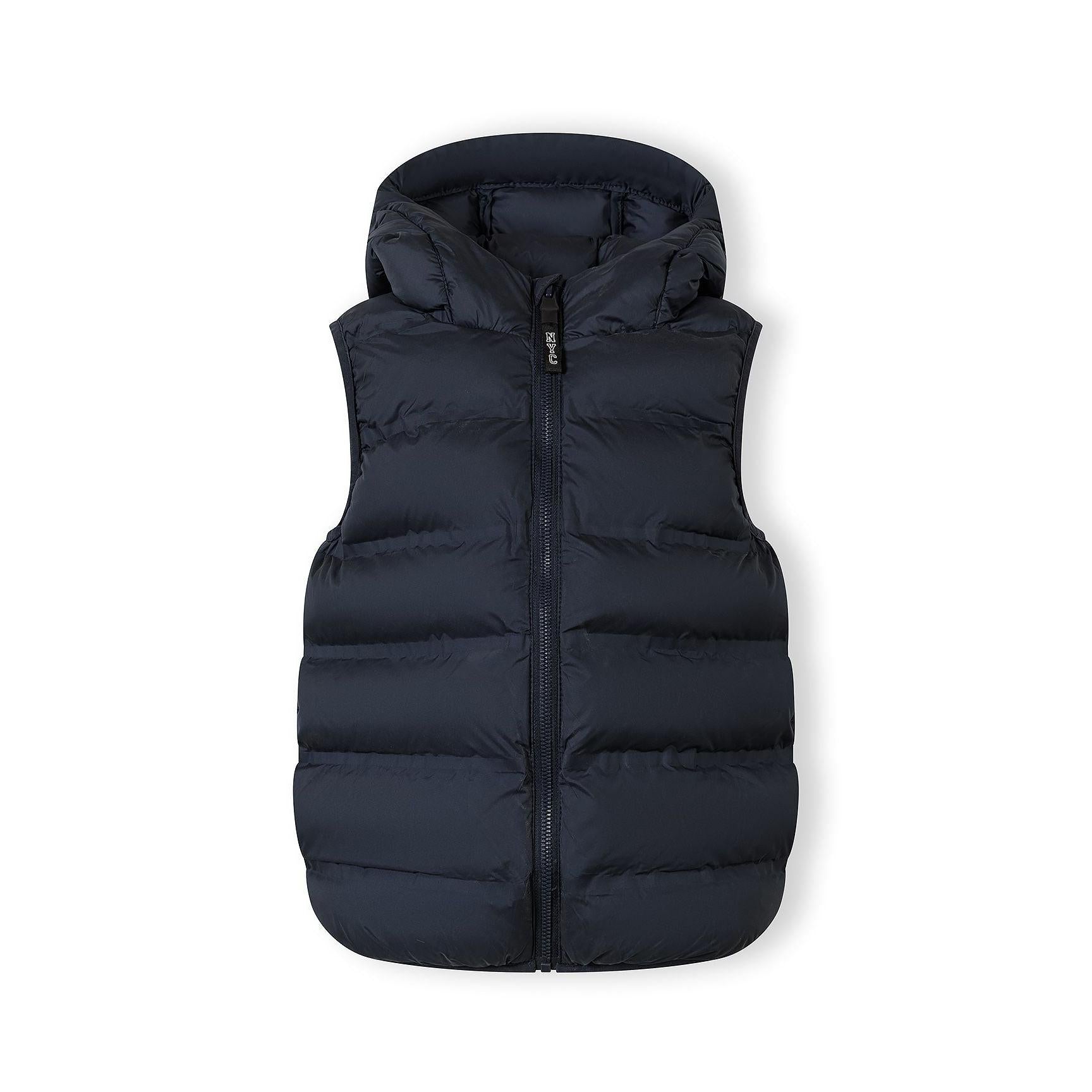 Flat lay view of navy blue quilted gilet showing full length design, padded construction and fixed hood against white background