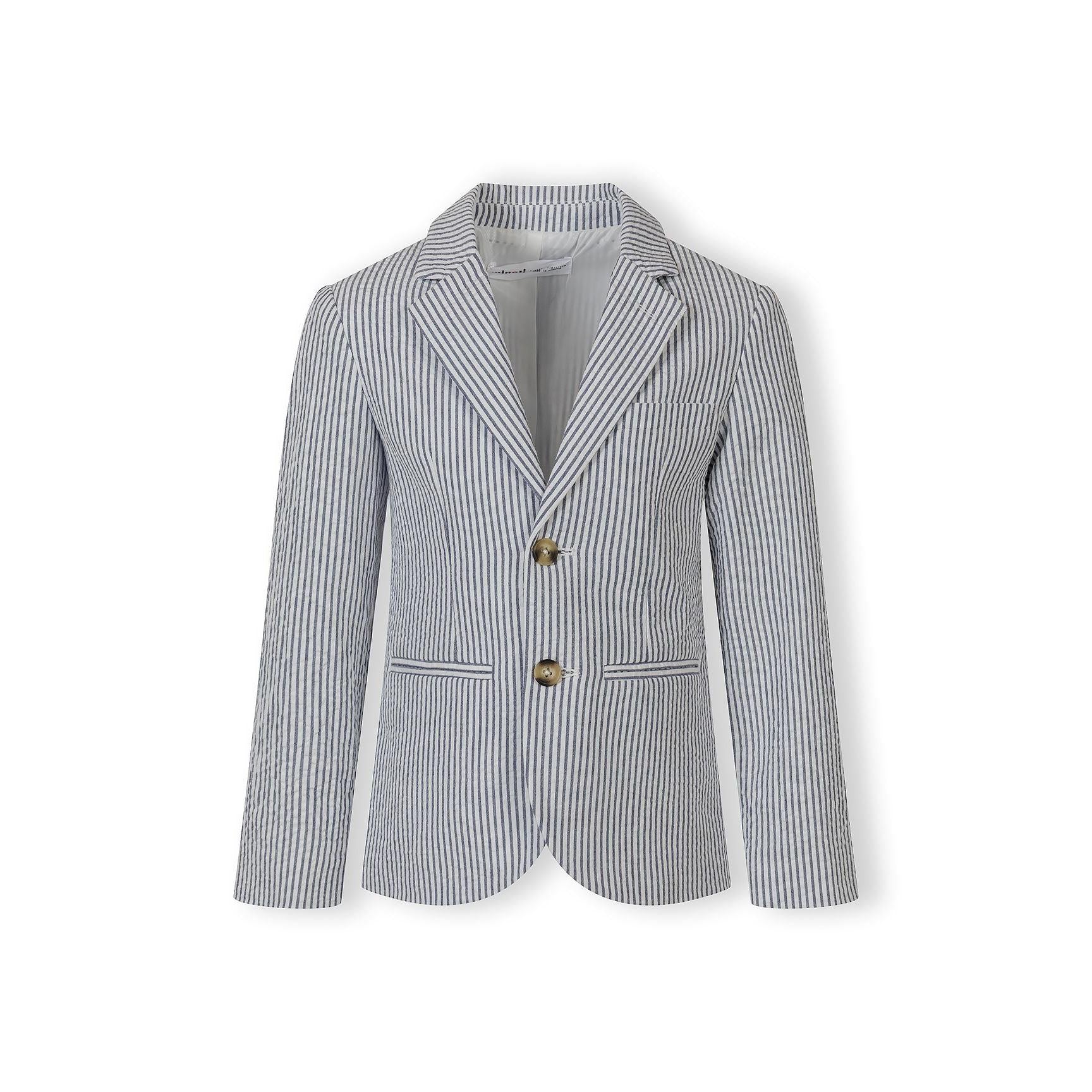 Back view of navy striped cotton blazer showing structured shoulders, lapel collar and decorative sleeve buttons on white background