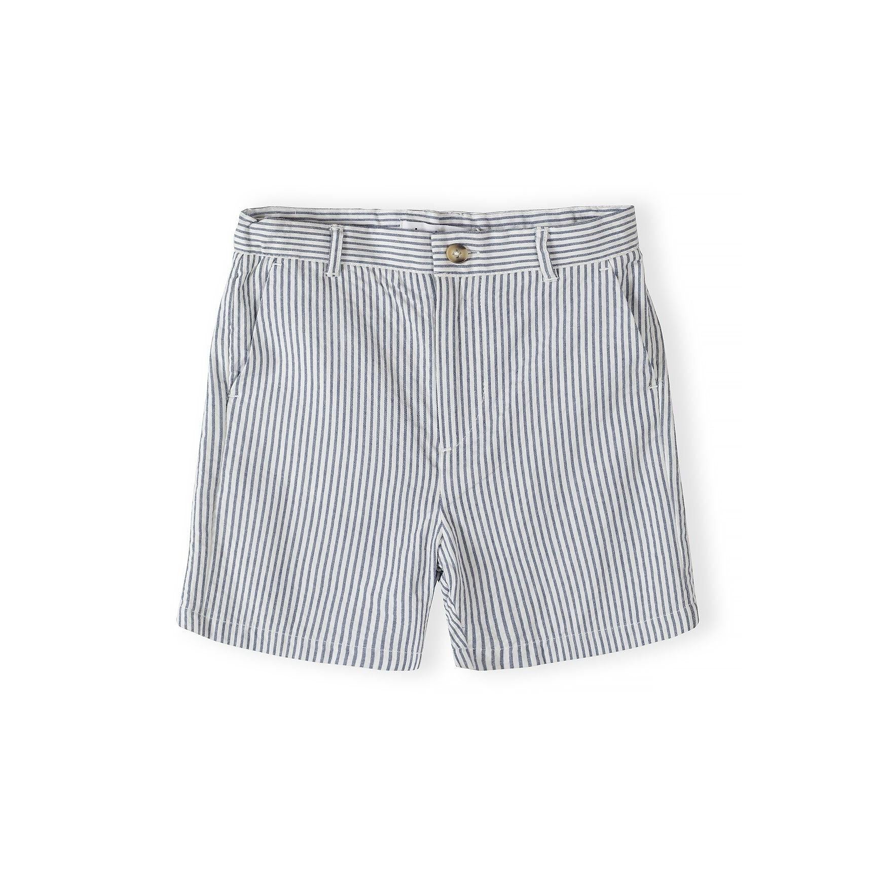 Back view of navy and white striped tailored cotton shorts showing waistband detail and rear pockets on white background