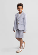 Boy wearing a tailored striped blazer and matching shorts showcasing a smart casual design for kids’ fashion.