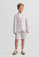 Young boy wearing a stone striped cotton blazer with notch collar and matching shorts, showcasing stylish kids fashion design.