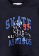 Navy sweatshirt with unique skate and dinosaur print design in blue and red for kids.