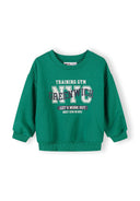 Green boys sweatshirt with sporty NYC print and ribbed cuffs, designed for comfort and active wear.