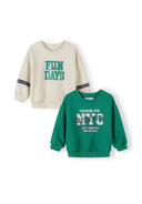 Two boys sweatshirts in green and cream with sporty text print and striped sleeve detail, kids casual fashion design.