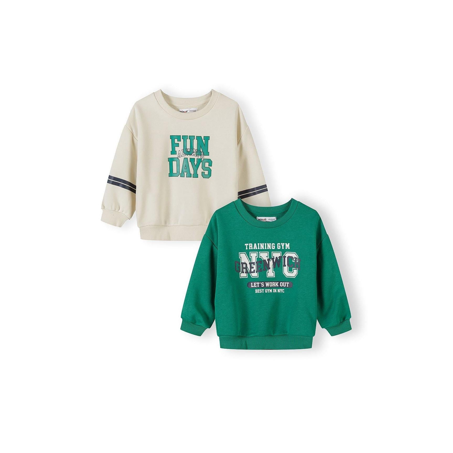 Two children's sweatshirts displayed on white background - cream coloured sweatshirt with Fun Days Always text graphic and green sweatshirt with NYC Training Gym print