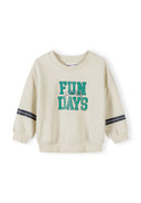 Cream boys sweatshirt with sporty stripes on sleeves and fun printed design on front for kids fashion