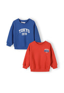 Two boys sweatshirts in red and blue with urban-inspired graphic designs for kids aged 3 months to 7 years