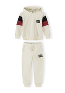 Cream kids tracksuit with hood and contrast color panels on sleeves, featuring a stylish modern design for boys.